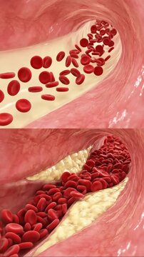 Blood cells flowing through a healthy artery versus constricted artery with atherosclerotic plaque buildup causing reduced flow