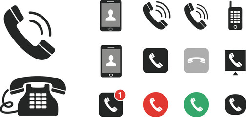 Fototapeta premium Phone Icon Set with Different Styles, Mobile, Landline, Incoming, and Call Status for Websites, Apps, and Digital Media Designs