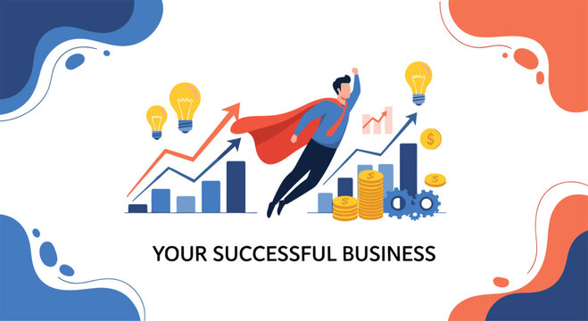 Successful businessman wearing a superhero cape flies over rising financial charts and bars representing business growth.