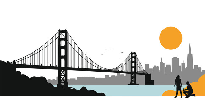 Romantic silhouette of a man proposing to a woman with the Golden Gate Bridge and city skyline in the background.