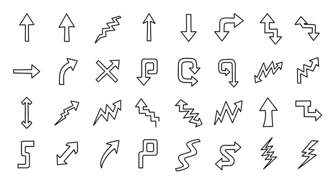 Diverse collection of hand-drawn arrow icons in various directions and styles.