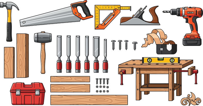Set of Carpentry Tools and Woodworking Equipment Including Workbench Hammer Saw Drill and Chisels Vector Illustration Collection