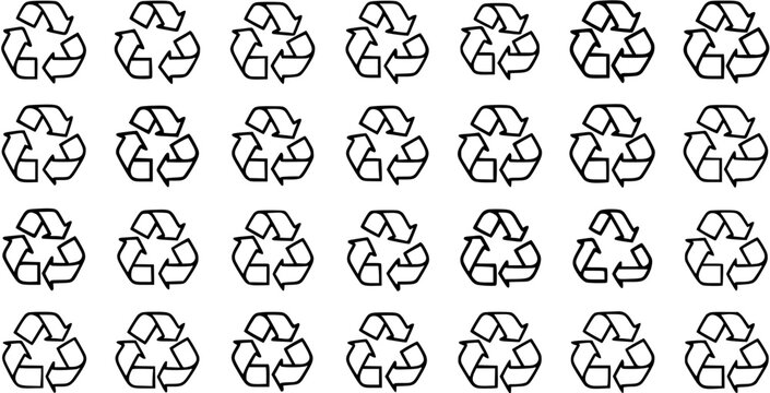 Seamless Black and White Line Art Pattern of Recycling Symbols. Eco-Friendly, Environmental Sustainability, Waste Management Vector Background.