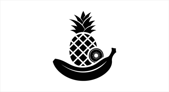 Black and white illustration of tropical fruits including pineapple banana and kiwi.