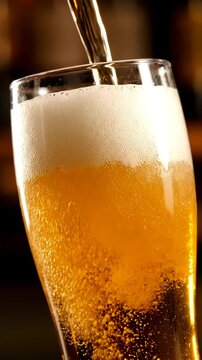 Close-up of beer glass with lager foamy beer pouring. Bubbles going upwards. Degustation. Concept of beer drink, brewery, taste, bar, degustation, festival, drink texture. Vertical layout