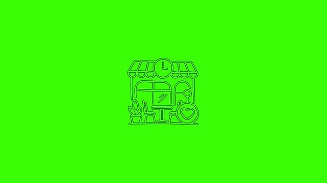 Black Line Art Storefront Icon with Heart on Chroma Key Green Background