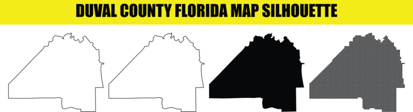 Duval county florida map silhouette white outline filled black dotted styles on transparent grid background.