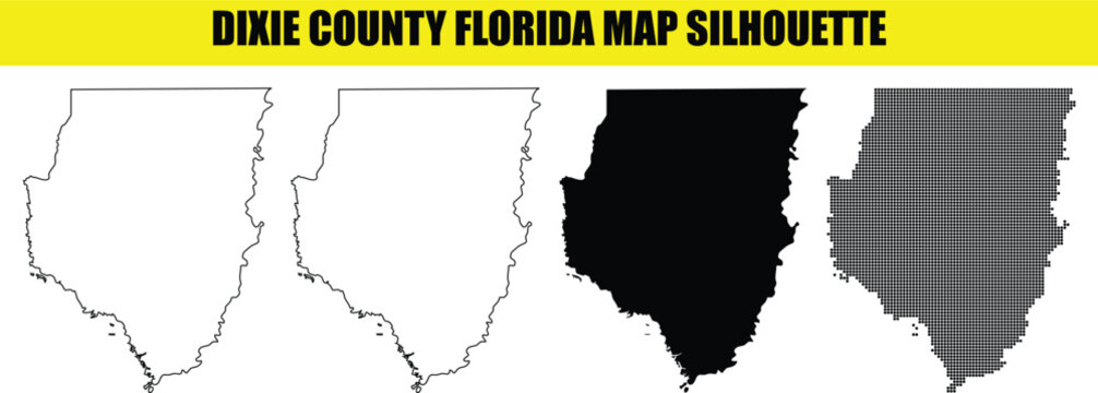 Dixie county florida map silhouette set, usa state territory map silhouette in black and white styles.