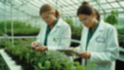 Naklejka premium Female Scientists Conducting Plant Research in Modern Greenhouse