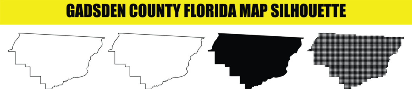 Gadsden county florida map silhouette white outline filled black dotted styles on transparent grid background.