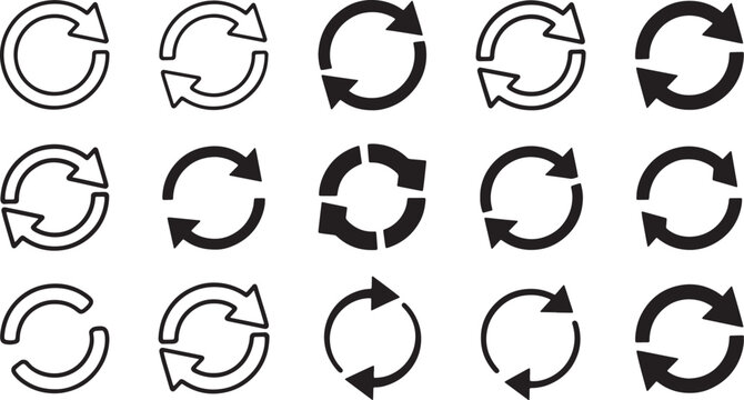 Collection of various reload and refresh arrow icons, circular symbols representing restart or update actions vector illustration .