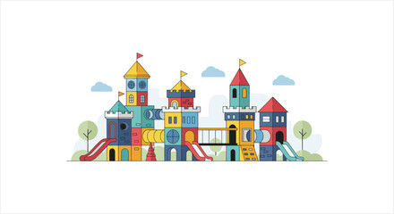 Colorful Kids Playground Castle with Slides and Towers. © fafa