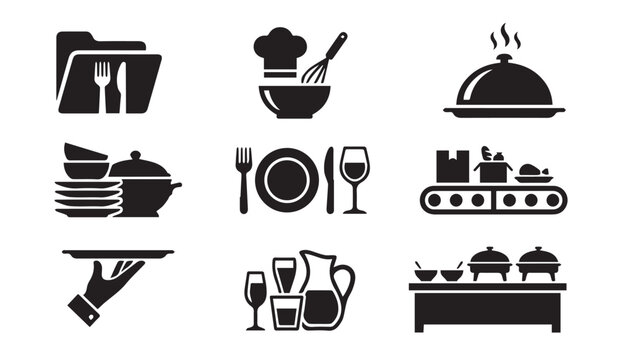 Set of catering and restaurant food service icons with restaurant, catering