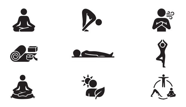 Yoga poses and mindfulness exercise icons with mindfulness exercise meditation