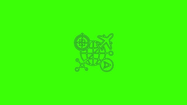 Global Travel and Digital Connectivity Icon Animation on Green Screen