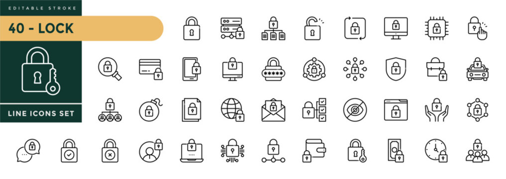 A collection of Lock icons set with editable stroke, including security, padlock, biometric, chain, protect, unlock, lock document, secured, secure. Thin linear vector illustration.