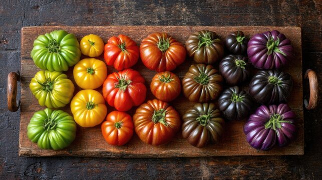 Assortment of Heirloom Tomatoes in Various Colors and Sizes on Wooden Board.