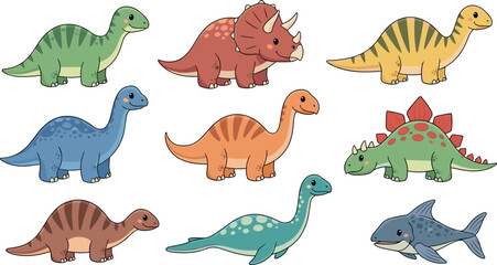 Cute cartoon dinosaur collection set with various colorful prehistoric animals including triceratops stegosaurus brachiosaurus and aquatic reptile isolated on white © Honey!