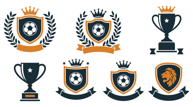 Soccer football crests and trophy cups featuring shield emblems with balls, crowns, laurel wreaths, banners, lion mascot, winner trophies with star, championship badge set, vintage sports emblem