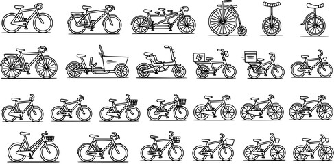 Black and White Line Art Vector Collection of Various Bicycle Types © pixsource