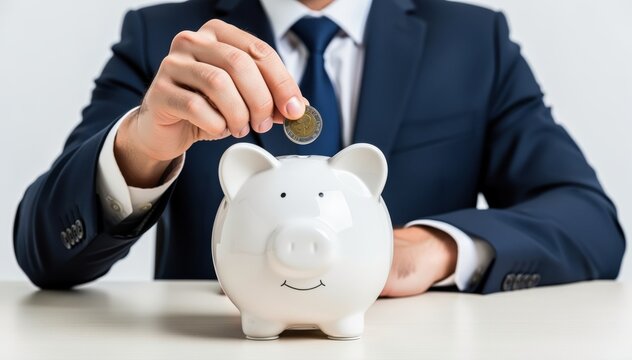 Smart Savings: A focused individual in a formal suit invests in financial security by depositing a coin into a charming piggy bank, symbolizing prudent financial habits and wealth accumulation.