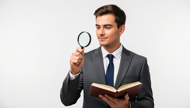 Focused Investigation: A sharply dressed businessperson peers intently through a magnifying glass at an open book, symbolizing a dedication to research and an eagerness to dissect intricate details.
