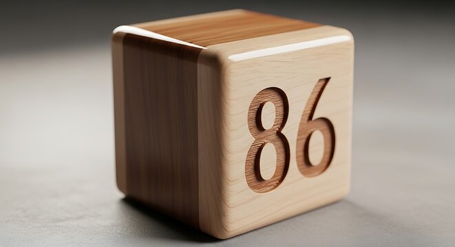 Wooden block with carved digits 86 on a grey reflective surface