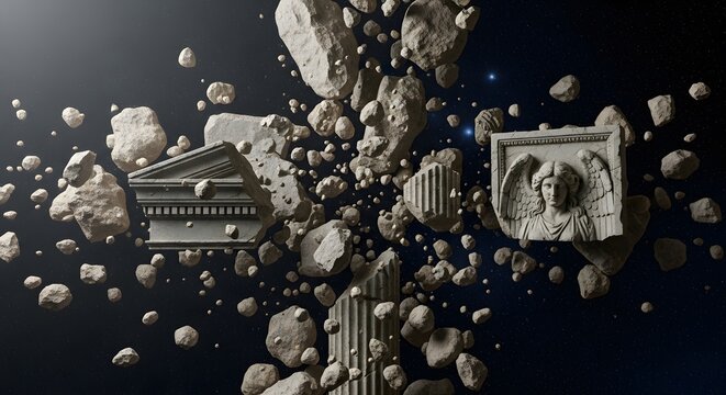 Ancient greek ruins and sculptures floating in space among asteroids and debris dramatic cosmic scene