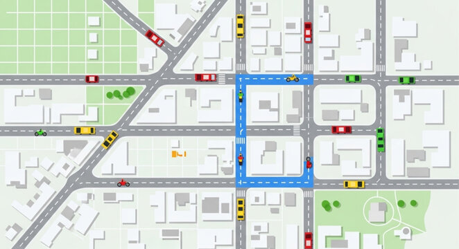 Aerial view of a city street map with traffic and highlighted area.