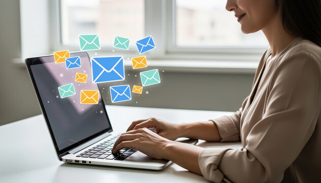 Email Communication: An individual, deeply engaged, types diligently on a sleek, modern laptop.