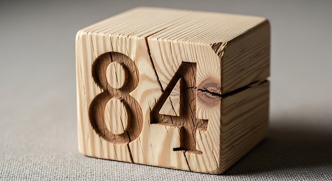 Wooden cube displaying the number eighty four with a visible crack