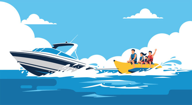 Powerful speedboat towing a group of people on a yellow banana boat across the blue ocean waves under a clear sunny sky.