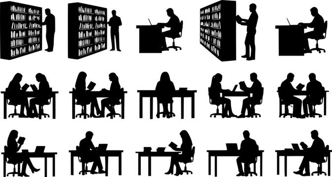 Silhouettes of people reading and working in a library with bookshelves and desks depicted in black | editable eps vectors
