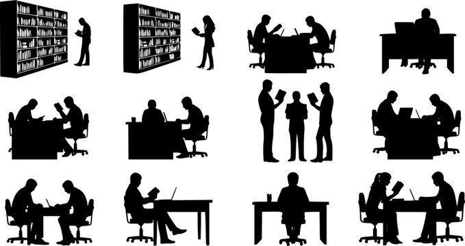 Silhouettes of people reading and working in a library with bookshelves and desks depicted in black | editable eps vectors