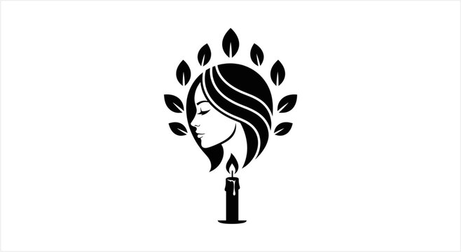 Elegant Womans Profile with Leaf Crown and Candle Flame.
