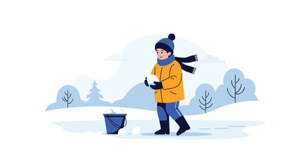 Fototapeta premium Cute little child wearing a warm yellow jacket and blue hat, playing in the deep snow with a bucket on a cold winter day.