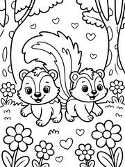 Fototapeta premium Sweetheart Skunks in Enchanted Woodland: Two charming skunks share a loving moment, surrounded by blossoming flowers and hearts in an enchanting forest scene.