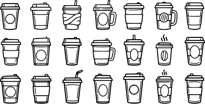 Coffee Cups Line Art Icon Set. Black and White Outline Collection for Cafe, Beverage, Food Industry. Takeaway Disposable Drink Mugs and Tumblers Doodle.