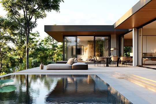 3D Rendering Modern House Pool Villa / Pool View Daybed on the floor deck wood with living room, kitchen, and Dining room
Modern Luxury House with Swimming Pool and Glass Architecture