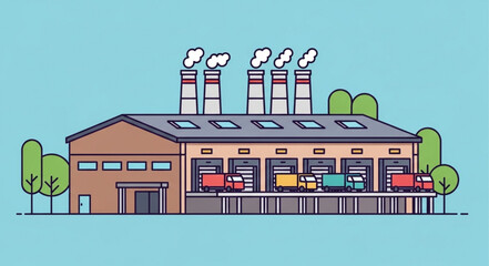 Fototapeta premium Industrial factory building with loading docks and trucks.