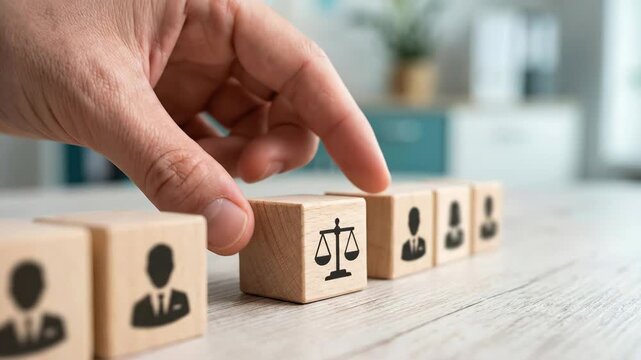 Legal justice law compliance ethics recruitment human resource decision hiring court scale choice concept human hand. Employee labor law compliance justice, rights, fairness, ethics, regulation