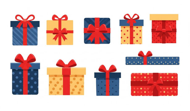 Cartoon gift box game reward vector set with glowing open presents ribbon surprise stars and bonus chest icons