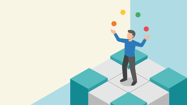 Isometric illustration of a man juggling colorful balls on a geometric platform, symbolizing multitasking and skill.