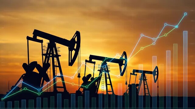 Oil pump pumpjack field crude energy industry extraction sunrise silhouette with finance stock market price Oil barrel increasing graph showing investment, demand, and profit amid inflation crisis