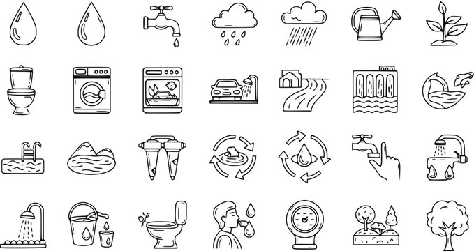 Hand Drawn Line Art Water Icons Set. Ecology and Environment Water Resource Management, Conservation, and Usage Doodle Symbols.