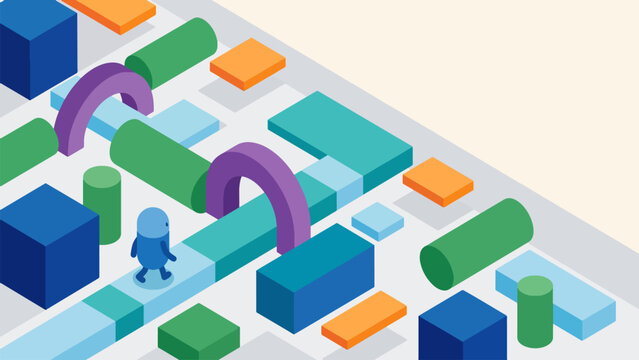 A small blue character walks on an isometric path made of colorful geometric shapes like cubes, cylinders, and arches, creating a puzzle-like scene.