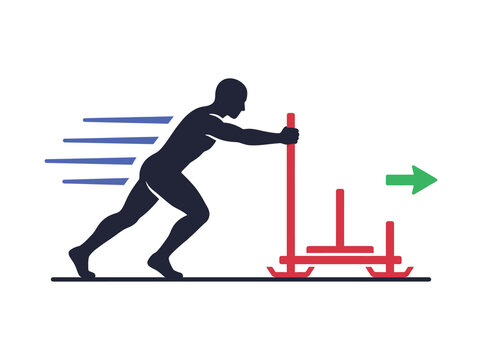 Vector illustration of athlete pushing a weight sled, strength training exercise, isolated