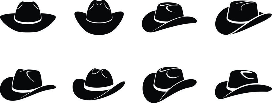 Western cowboy hat silhouette icon set, vintage rodeo hat collection vector, country style fashion accessory illustration