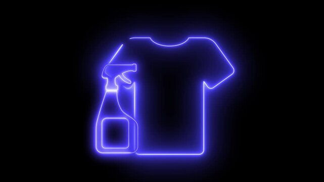 Animated neon light effect of a t-shirt and spray bottle icon radiating modern energy. Perfect for cleaning and fashion.