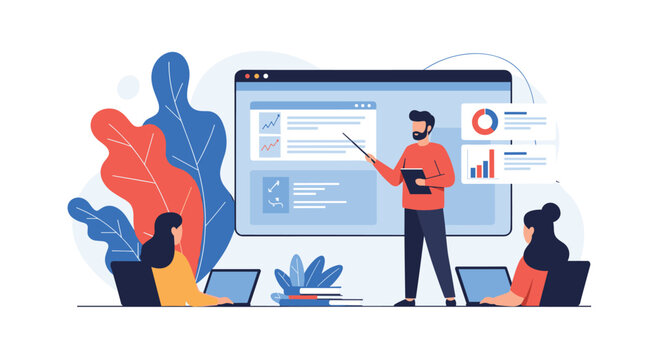 Professional male teacher or presenter uses a pointer to explain data on a large screen to students with laptops in a modern classroom.